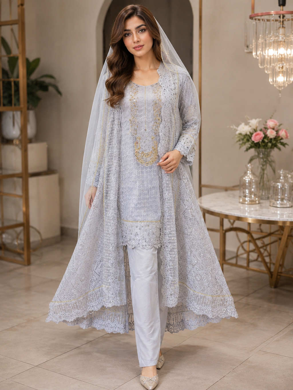 Malai 3 Piece Suit Kurti Open Tail Court Style Maxi with Net Dupatta