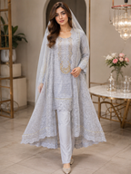 Malai 3 Piece Suit Kurti Open Tail Court Style Maxi with Net Dupatta