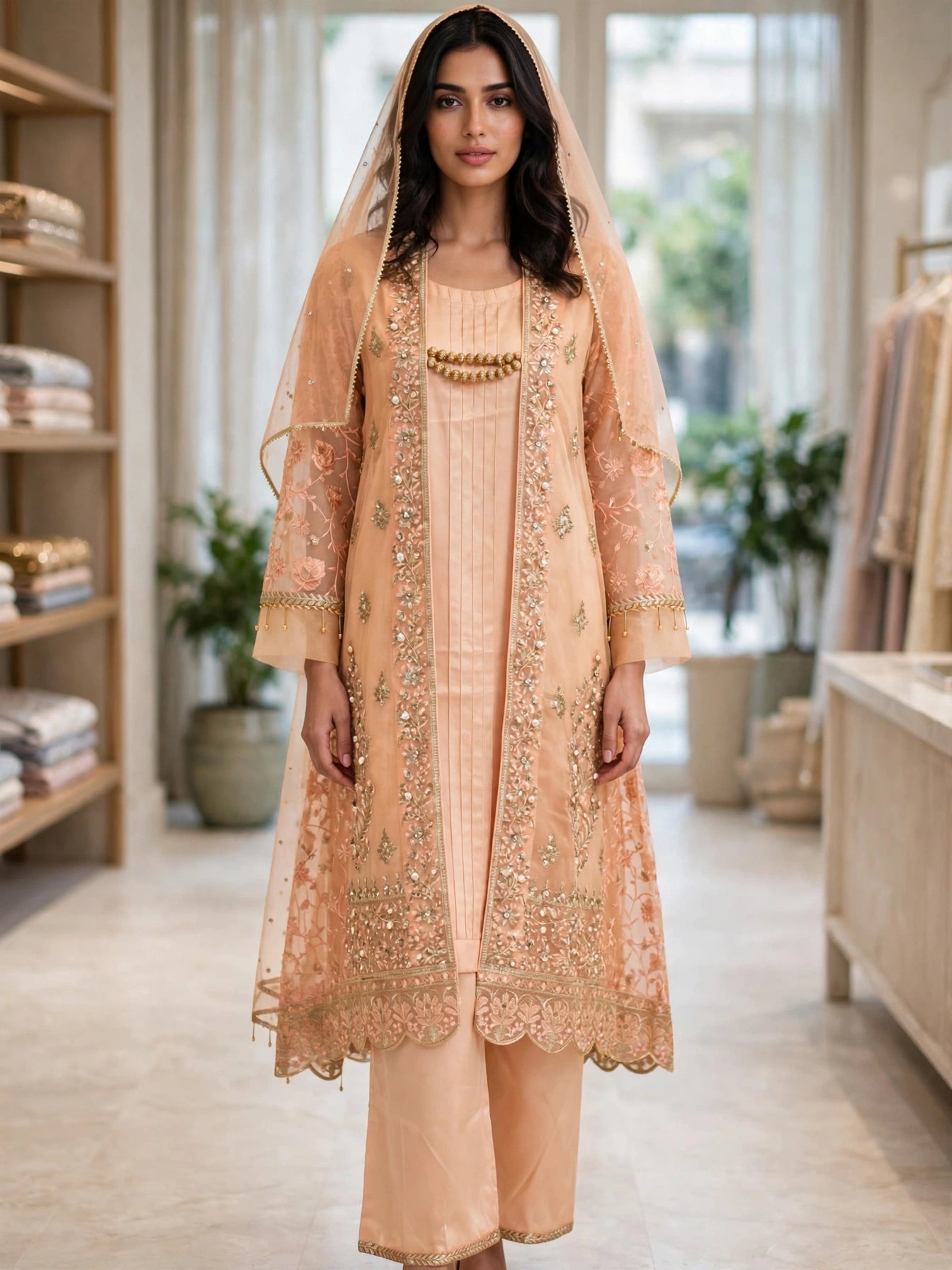Silk 3 Piece Suit Back Tail Court Style with Organza Dupatta
