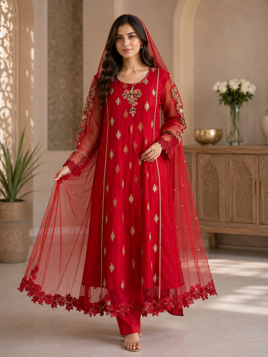 Malai 3 Piece Suit Butterfly Style Back Tail Maxi with Net Dupatta