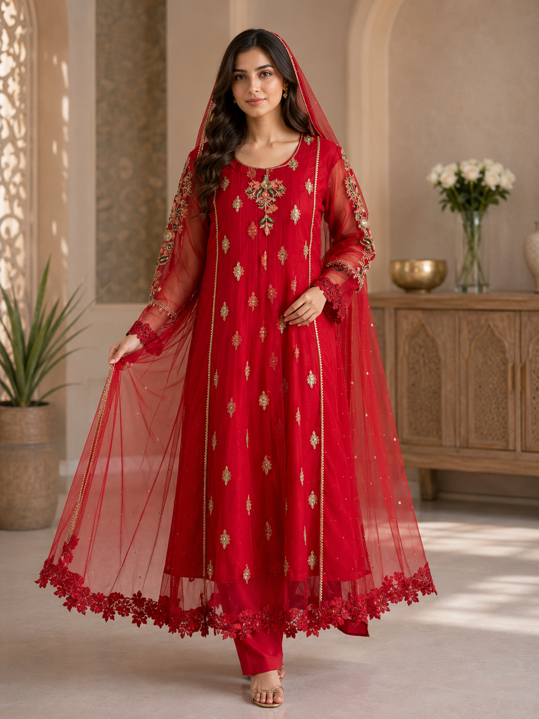 Malai 3 Piece Suit Butterfly Style Back Tail Maxi with Net Dupatta