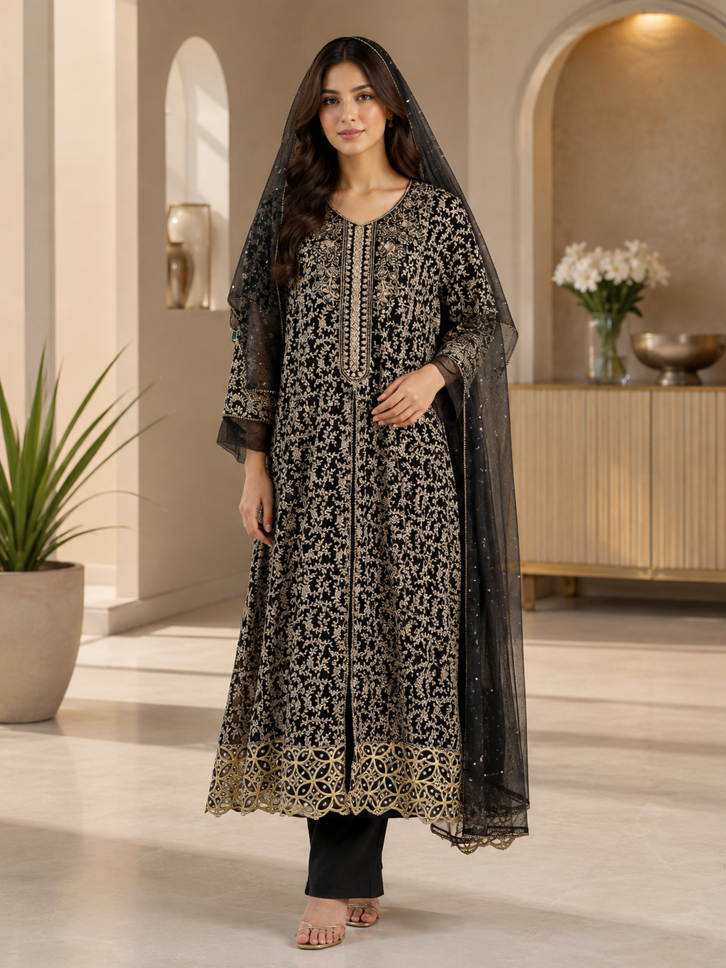 Malai 3 Piece Suit Front Open Net Maxi with Net Dupatta