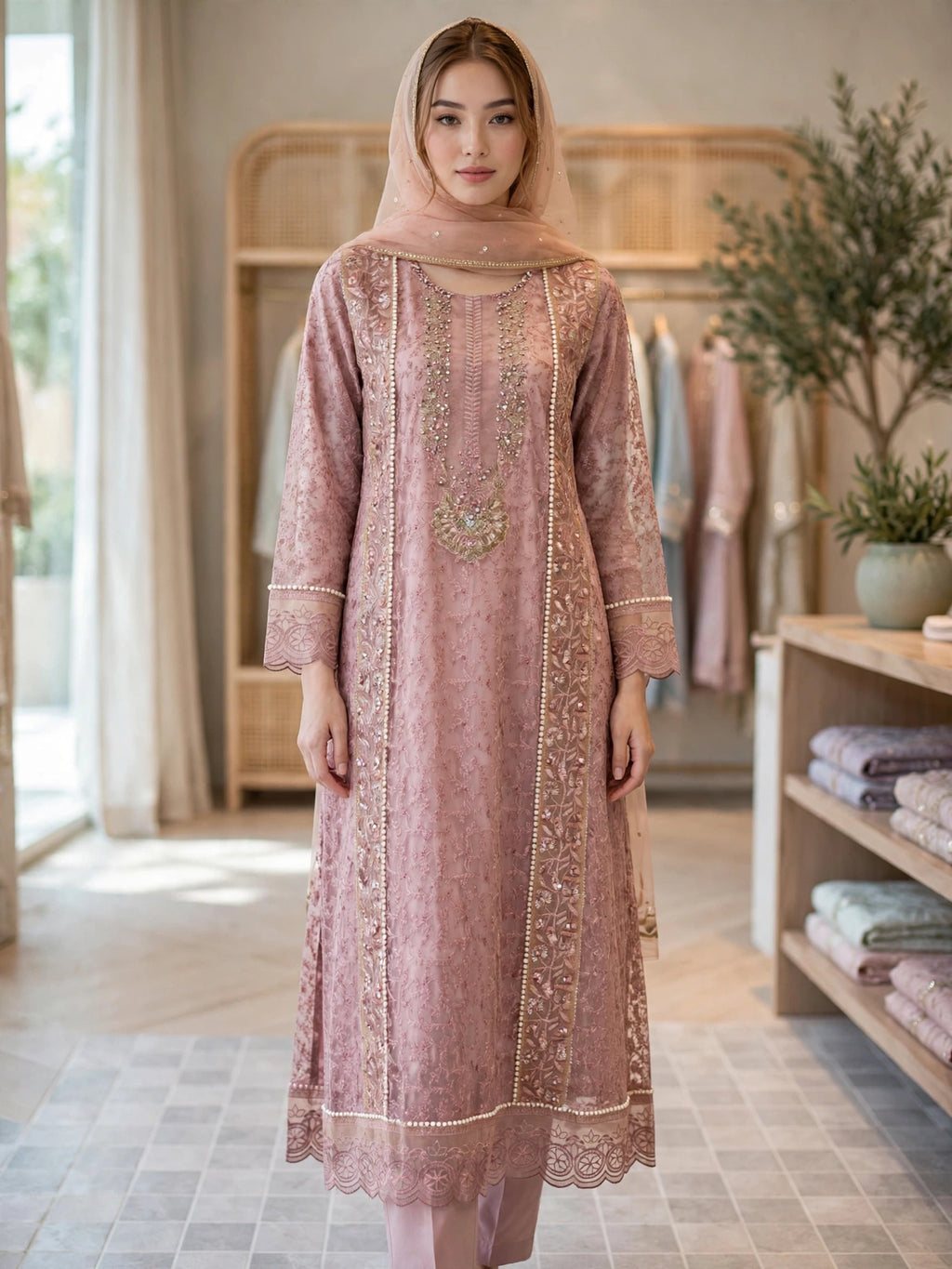Malai 3 Piece Suit Front Open Net Maxi with Net Dupatta