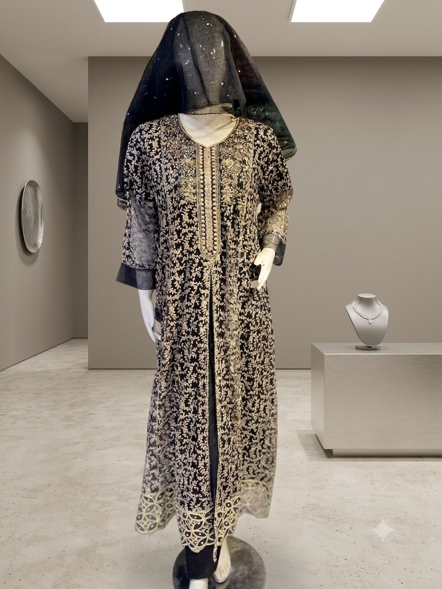 Luxury embroidered front open style maxi dress, available as a complete 3pcs set, in more colours,   Bulk also available.