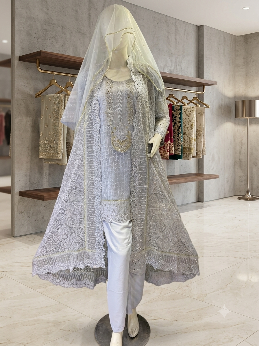 Moonstone Luxury Embroidered Maxi, Short kurti with upper back tail court, As a complete 3pcs set, In multiple colours, In bulk quantity also.
