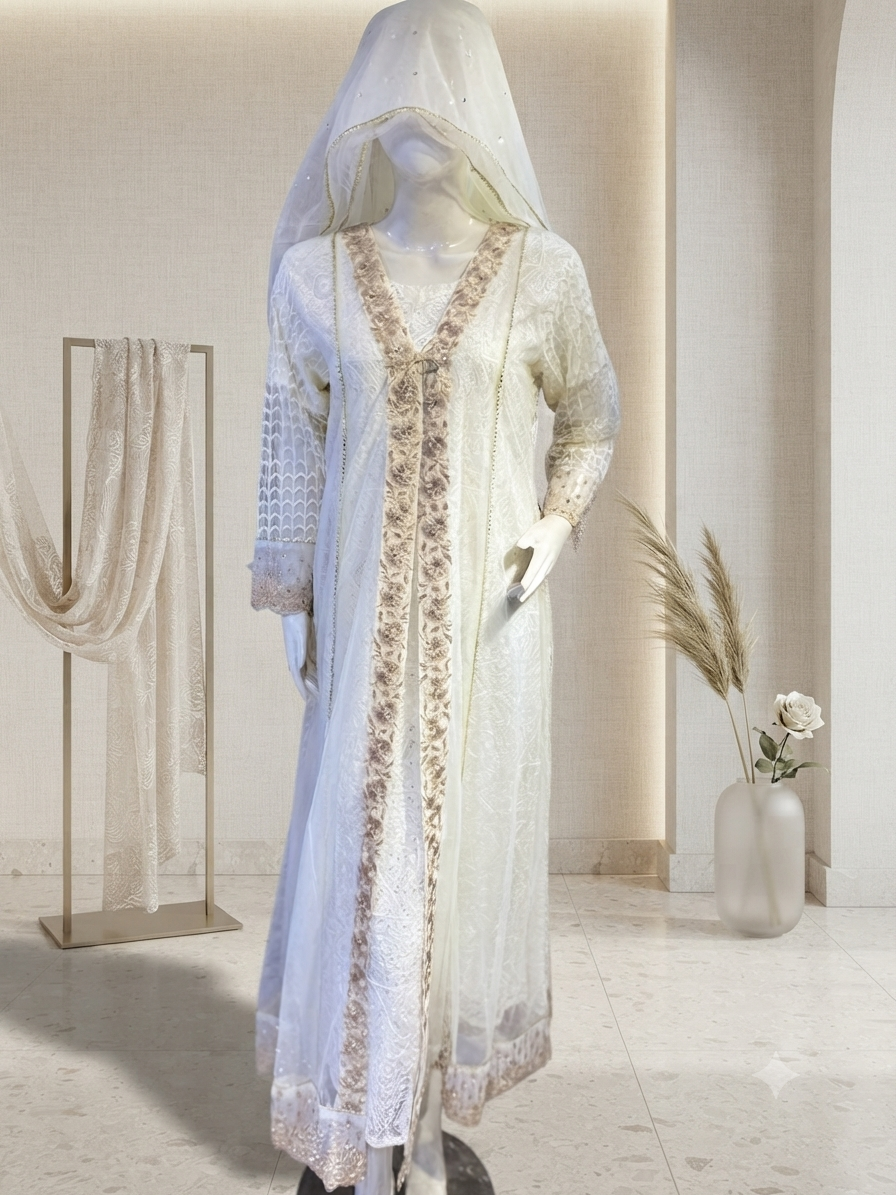 Designer lvory embroidered maxi, Ready to wear, As a complete 3pcs set, In more colours,  Bulk stock available.