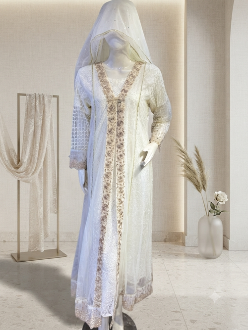 Designer lvory embroidered maxi, Ready to wear, As a complete 3pcs set, In more colours,  Bulk stock available.