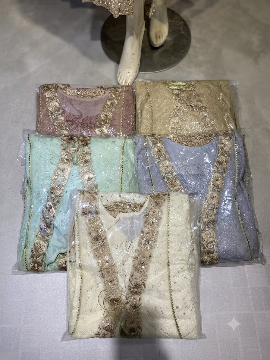 Designer lvory embroidered maxi, Ready to wear, As a complete 3pcs set, In more colours,  Bulk stock available.